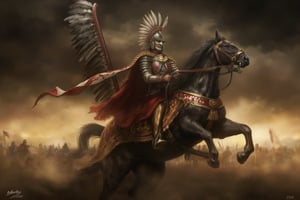 wingedhussarflux style,,The image portrays a powerful and dramatic scene of a Polish Winged Hussar mounted on a rearing black horse. The Winged Hussar, a legendary elite cavalryman, is depicted in full armor, with an intricate helmet that conceals most of his face, adding a sense of mystery and strength. He is adorned with the characteristic wings attached to his back, made of large, curved feathers that extend majestically upward, glinting in the soft, fading sunlight. His armor is finely detailed with a metallic sheen, while a long, flowing red-and-white banner, emblazoned with a cross, drapes across his horse’s body.  The black horse is captured in a dynamic pose, rising on its hind legs with a sense of raw power and energy. The muscular definition of the horse, enhanced by the hyper-realistic lighting, adds to the sense of motion. The animal’s armor and reins are richly decorated with gold accents, complementing the regal bearing of both the horse and rider.  In the background, a dark, ominous sky contrasts with the golden sunset, casting long shadows over the battlefield below. The overall atmosphere is tense and dramatic, capturing the grandeur and might of the Winged Hussar as he prepares for battle, embodying honor, courage, and strength.