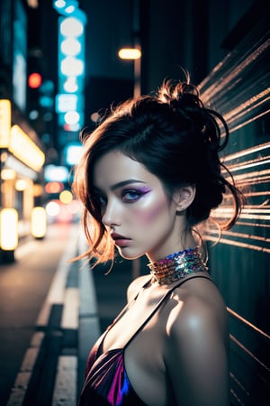 In a hyper-realistic, 16K UE5 editorial photograph, a model showcases avant-garde fashion cloth against a futuristic, vaporware aesthetic backdrop. Soft, vibrant colors and holographic patterns dance across metallic textures, while neon lights and glitch effects create a dynamic composition. The subject's asymmetrical design features voluminous drapes and multi-layered textures, complemented by imaginative accessories and avant-garde makeup. In an urban setting, the model strikes a bold pose, surrounded by blurred lines, distorted shapes, and edgy silhouettes that defy gravity.