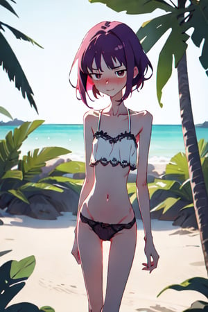 a very skinny malnourished girl, friendly, embarrassed, weak, helpless, 18 years old, lace and sexy underwear, on a tropical island, at the beach, starving, very hungry, rubbing her growling stomach, about to faint, twilight, intimacy, soft lighting, masterpiece, best quality, high quality, highres, absurdres, very detailed, high resolution, sharp, sharp image, 8k, vivid, colorful, stunning, anime, aesthetic, skinny, positive mood