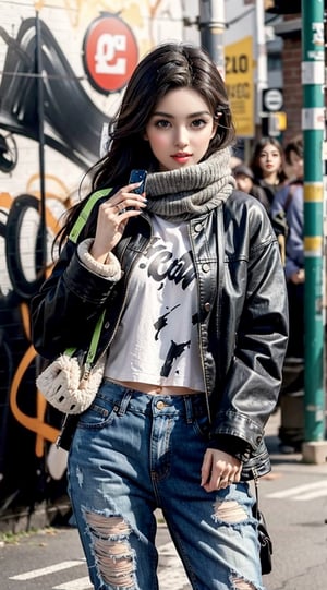 Urban Jungle: Swap the white shirt and black pants for a trendy denim jacket and ripped jeans. Keep the cozy scarf for a pop of color and add chunky boots for an edgy touch. The bustling city is the backdrop, her brown eyes glinting with defiance as she leans against a graffiti-covered wall, earphones in, confidently owning her street style.