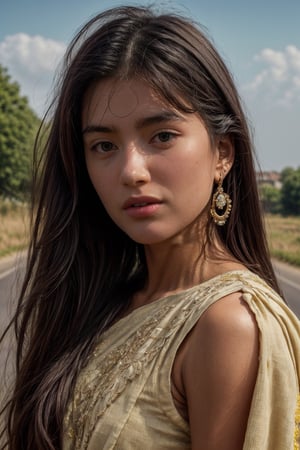 A photo of Nova epsilon,(8k, RAW photo, best quality, masterpiece), (realistic, photo-realistic), (best quality, masterpiece, intricate details:1.1), photorealistic, indian girl 19yo,pretty face, SIGMA 50mm F1.4, looking at viewer, (best quality, Чк, highres, masterpiece:1.2), ultra-detailed, (realistic:1.37), Create a yourself as female beauty, high detailed,girl standing on village road photo realistic,sexy waist, high quality,natural colour sky, wide raana slight smilege of colours., photo r3al, ((model pose)),realistic yellow colour salwar kameez,simple earing,beautiful eyes,beautiful nose,beautiful lips,perfect realistic smile