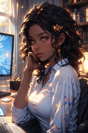 high quality, 8K Ultra HD, high detailed, masterpiece, A digital illustration of anime style, soft anime tones, Detailed illustration of many colorful very detailed, 1 beautiful girl, (black hair, Black skin, honey-colored eyes, long hair, curly hair, medium-sized breasts, white shirt) sitting in front of a computer, playing video games, dimensional effect, (Different angles) enhanced beauty, Albert Anker, Kyoto Animation, Greg Rutkowski, Artgerm, WLOP, Alphonse Beeple, luminism, 3d render, octane render, Isometric, awesome full color, Wlop,lying on person