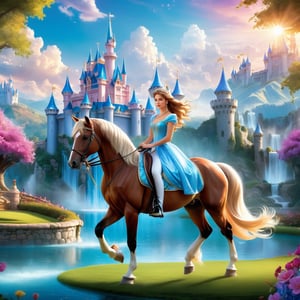 a beautiful princess gracefully riding a majestic horse in the enchanting background of a dream world castle. Envision the princess in an elegant gown, adorned with regal accessories, seated confidently on the horse. The dream world castle should stand tall and magnificent in the background, surrounded by fantastical elements like floating clouds, vibrant gardens, and a soft, magical glow. Use dynamic composition and lighting to enhance the dreamlike quality of the scene, creating a visually stunning portrayal of the princess and her horse amidst the wonders of the fantasy realm. Convey a sense of adventure, elegance, and wonder in this enchanting image,dramatic scene.