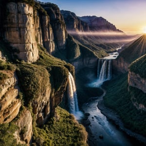 valley,waterfall , matte painting, highly detailed, dynamic lighting, cinematic, realism, realistic, photo real, sunset, detailed, high contrast, denoised, centered, michael whelan