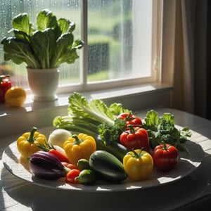 a plate of vegetables,wet and fresh, on the table under the sun with a window,detailed decoration,exploring the interaction between light and shadow,low contrast film,photo,photography, soft light, best quality, high detail, 16k, high quality,detailed decoration, crazy detail, ultra HD picture quality