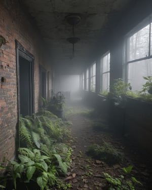 Lost place, walking around zombies, fog, psychotorium, lushy plants arounding the building