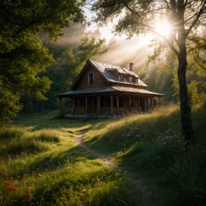 there is  a secluded old wood house in the misty forest near the river,canyon, wild grass,flowers,exploring the interaction between light and shadow,low contrast film,photo,photography, soft light, best quality, high detail, 16k, high quality,detailed decoration, crazy detail, ultra HD picture quality