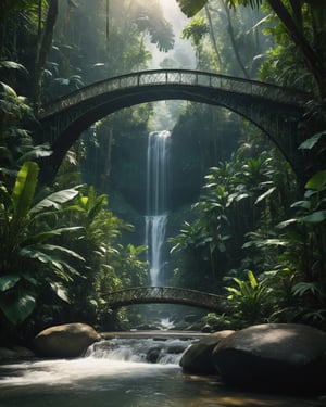 a river in the jungle with a bridge,amd a waterfall,,exploring the interaction between light and shadow,low contrast film,photo,photography, soft light, best quality, high detail, 16k, high quality,detailed decoration, crazy detail, ultra HD picture quality