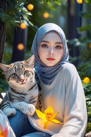 (masterpiece, high quality:1.5), 8K, HDR, 
A very young  sexy girl sitting in an enchanted forest holding cat (( wearing hijab )) (( wearing long shirt )), (( wearing blue jeans )) (( no transparent clothes )),  flower hijab, hijab, glasses, queen, holy, flower dress, colorful, flowery background,flower , bokeh, (hdr:1.4), high contrast,dramatic pose, full_body, tiara surrounded by glowing flowers and bioluminescent trees.,The forest is alive with magical creatures and sparkling lights. She is in harmony with the environment, her expression one of wonder. Around her, fireflies create a soft, dreamlike glow. .green and white style, Focus on the rich, fantastical surroundings, natural facial expression, detailed magical elements, in a realistic yet whimsical style.
Sexy, Scandly clad, sitting, hijab,flat chested .well_defined_face, well_defined_eyes, ultra_detailed_eyes, ultra_detailed_face, by FuturEvoLab, 
ethereal lighting, immortal, elegant, porcelain skin, , ice-blue eyes, blood-red lips, pinhole photograph, retro aesthetic,,Exquisite face,hijab,hij4b,cwkhijab