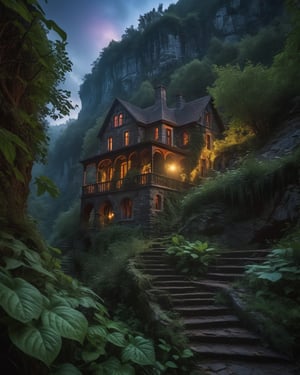 An uninhabited haunted old house, on the edge of a rocky ravine, set against a waterfall, overgrown with wild plants, surrounded by large trees rooted creeper, creating a mystical atmosphere full of mystery,best quality, masterpiece, 16K, (HDR:1.4), high contrast, lens flare, (vibrant color:1.4), (muted colors, dim colors, soothing tones:0), cinematic lighting, ambient lighting, Exquisite details and textures, cinematic shot,Landskaper