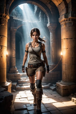 a beautiful young girl embodying a Tomb Raider-style adventurer, akin to Lara Croft. Envision her in action, navigating the dark ruins of a castle with a mix of agility and determination. Equip her with adventurous gear, reminiscent of Lara Croft's iconic style, and place her in a dynamic pose, capturing a moment of intense exploration. Use soft lighting to create a dramatic atmosphere within the ancient castle, with shadows and highlights enhancing the sense of mystery and intrigue. Convey a blend of strength, curiosity, and adventure in the girl's expression, making this image an immersive depiction of an intrepid explorer in a captivating setting,full_body,cinematic shot,cinematic soft lighting.hdr,16k