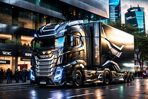 A futuristic MAN TGX truck, on the street, neo futuristic style,black mate with  3D wings livery stainless steel,Front Side view, symmetrical, ,more detail XL,background  new city with soft low lighting,ray tracing,Masterpiece 16K, (HDR:1.4), Bokeh:1.2