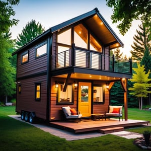 a tiny house nestled in a serene environment. Design the exterior with a perfect balance of aesthetics and comfort. Envision a charming facade that combines modern architectural elements with natural materials. Emphasize landscaping that enhances the overall appeal, such as a small garden or carefully placed greenery. Ensure that the exterior reflects a cozy and welcoming atmosphere, with perhaps a front porch or seating area. Consider the use of warm, earthy tones and thoughtful design details that contribute to the comfort and homeliness of the tiny house. Capture a sense of harmony between the tiny house and its surroundings, creating an inviting and comfortable living space,Masterpiece, Beautiful and Aesthetic, 16K, (HDR:1.4), High contrast, Bokeh:1.2, Lens flare, (Vibrant color:1.4)