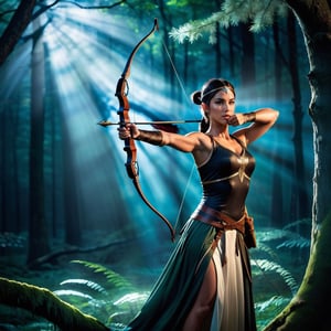 a beautiful Archer Queen standing in a dark forest, bathed in dramatic lighting. Envision her elegantly pointing her bow towards an unseen target in the distance. The forest should be shrouded in mystery, with shadows emphasizing the dramatic atmosphere. Illuminate the scene with subtle yet powerful lighting, casting a spotlight on the Archer Queen and creating a visually stunning composition. Integrate elements such as ancient trees, soft moonlight, or ethereal mist to enhance the enchanting and dramatic setting. Capture the Queen's grace, strength, and determination in her pose and expression, making this image a spellbinding portrayal of a powerful and beautiful archer in the heart of the wilderness.