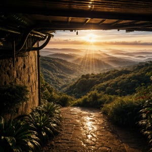 rain_forest, matte painting, highly detailed, dynamic lighting, cinematic, realism, realistic, photo real, sunset, detailed, high contrast, denoised, centered, michael whelan