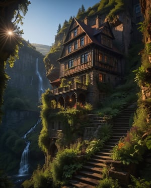 An uninhabited haunted old house, on the edge of a rocky ravine, set against a waterfall, overgrown with wild plants, surrounded by large trees rooted creeper, creating a mystical atmosphere full of mystery,best quality, masterpiece, 16K, (HDR:1.4), high contrast, lens flare, (vibrant color:1.4), (muted colors, dim colors, soothing tones:0), cinematic lighting, ambient lighting, Exquisite details and textures, cinematic shot,Landskaper,more detail XL