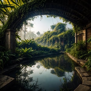 Raw photo, depth of field, UHD, retina, masterpiece, high details, high quality, award winning, best quality, highres, cinematic light, perspective,curious old secret town of jogjakarta city,cascading armour shop,art nouveau,animation art,dark fantasy,overgrown with lush vegetation,cinematic,clear reflection, foggy morning.