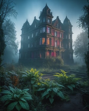 Lost place, walking around zombies, fog, psychotorium, lushy plants arounding the building,best quality, masterpiece, 16K, (HDR:1.4), high contrast, lens flare, (vibrant color:1.4), (muted colors, dim colors, soothing tones:0), cinematic lighting, ambient lighting, Exquisite details and textures, cinematic shot,