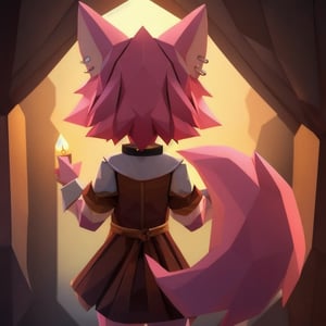 solo, young, kemono fox, yellow body and countershading, anthropomorph, pink hair, pink tail, small breats, yellow eyes, wear medieval dress, have slave collar, visible fow paws, have piercings, back view, background, shadow, candle light, reflected light on the body, backlighting,masterpiece, shaded, high detail, low poly res, low poly style