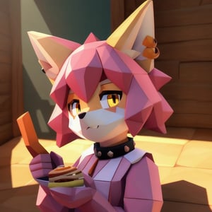 solo, young, kemono fox, yellow body and countershading, anthropomorph, pink hair, pink tail, small breats, yellow eyes, wear medieval dress, is eating, low poly food, have slave collar, have piercings, background, shadow, sunlight, reflected light on the body, backlighting,masterpiece, shaded, high detail, low poly res, low poly style