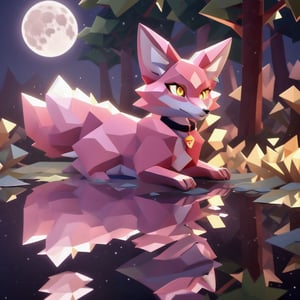 low polygon vixen, pink fur and countershading, pink hair, pink tail, yellow eyes, visible fox paws, have collar, is drinking river water , have piercings, background, shadow, moon light, reflected light on the fur, backlighting,masterpiece, shaded, high detail, low poly res, low poly style,Spirit Fox Pendant