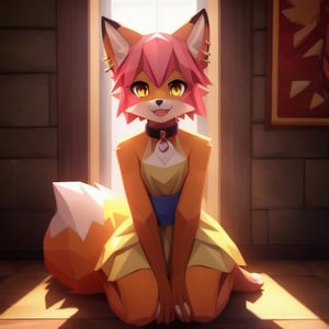 solo, young, kemono fox, yellow body and countershading, anthropomorph, pink hair, pink tail, small breats, yellow eyes, visible fox paws, full body, wear medieval dress, have slave collar, is in love, loving expression, loving pose, visible fangs, have piercings, background, shadow, sunlight, reflected light on the body, looking at the viewer, backlighting,masterpiece, shaded, high detail, low poly res, low poly style