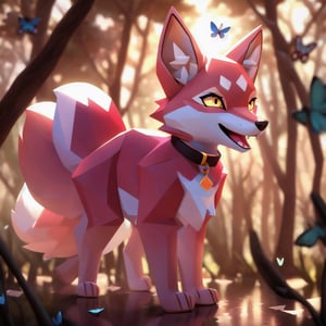 solo low polygon vixen, pink fur and countershading, pink hair, pink tail, yellow eyes, visible fox paws, have collar, is chasing butterfly , open mouth, visible fangs, have piercings, background, shadow, sun light, reflected light on the fur, backlighting,masterpiece, shaded, high detail, low poly res, low poly style,Spirit Fox Pendant