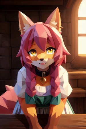 solo, young, kemono fox, yellow body and countershading, anthropomorph, pink hair, pink tail, visible fox paws, small breats, yellow eyes, wear medieval dress cloth, tavern inner, visible fangs, have slave collar, have piercings, looking at the viewer, background, shadow, forge light, reflected light on the body, backlighting,masterpiece, shaded, high detail, low poly res, low poly style