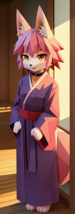 solo, young, kemono fox, yellow body and countershading, anthropomorph, pink hair, pink tail, visible fox paws, small breats, yellow eyes, have japanese yukata, visible fangs, have slave collar, have piercings, looking at the viewer, background, shadow, forge light, reflected light on the body, backlighting,masterpiece, shaded, high detail, low poly res, low poly style