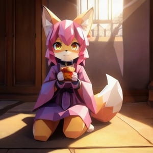 solo, young, kemono fox, yellow body and countershading, anthropomorph, pink hair, pink tail, small breats, yellow eyes, wear medieval dress, is eating, have slave collar, have piercings, background, shadow, sunlight, reflected light on the body, backlighting,masterpiece, shaded, high detail, low poly res, low poly style