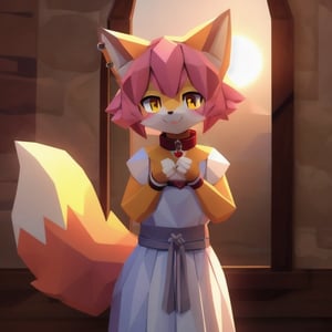 solo, young, kemono fox, yellow body and countershading, anthropomorph, pink hair, pink tail, small breats, yellow eyes, visible fox paws, full body, wear medieval dress, have slave collar, is in love, loving expression, loving pose, visible fangs, have piercings, background, shadow, sunlight, reflected light on the body, looking at the viewer, backlighting,masterpiece, shaded, high detail, low poly res, low poly style