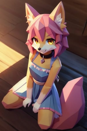 solo, young, kemono fox, yellow body and countershading, anthropomorph, pink hair, pink tail, visible fox paws, small breats, yellow eyes, wear medieval dress cloth, visible fangs, have slave collar, have piercings, looking at the viewer, background, shadow, forge light, reflected light on the body, backlighting,masterpiece, shaded, high detail, low poly res, low poly style