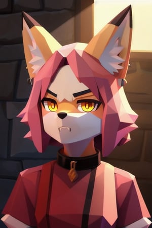 solo, young, kemono fox, yellow body and countershading, anthropomorph, pink hair, pink tail, small breats, yellow eyes, wear medieval dress, have slave collar, is angry, angry expression, visible fangs, have piercings, background, shadow, sunlight, reflected light on the body, looking at the viewer, backlighting,masterpiece, shaded, high detail, low poly res, low poly style