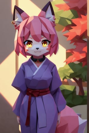 solo, young, kemono fox, yellow body and countershading, anthropomorph, pink hair, pink tail, small breats, yellow eyes, have japanese yukata, visible fangs, have slave collar, have piercings, looking at the viewer, background, shadow, forge light, reflected light on the body, backlighting,masterpiece, shaded, high detail, low poly res, low poly style