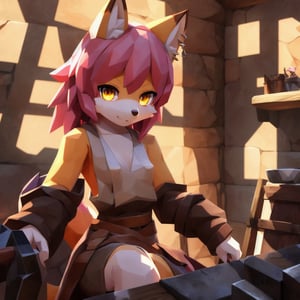 solo, young, kemono fox, yellow body and countershading, anthropomorph, pink hair, yellow eyes,small breasts, dressed with blacksmith clothes, have piercings, looking at viewer,detailed blacksmith background, shadow, forge light, reflected light on the body, backlighting,masterpiece, shaded, high detail, low poly res