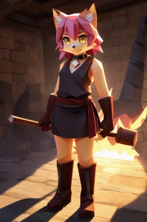 solo, young, kemono fox, yellow body and countershading, anthropomorph, pink hair, pink tail, yellow eyes,small breasts, fully dressed with blacksmith cloth, visible fangs, have slave collar, have boots, have piercings, one hammer in hand, looking at viewer, background, shadow, forge light, reflected light on the body, backlighting,masterpiece, shaded, high detail, low poly res, low poly style