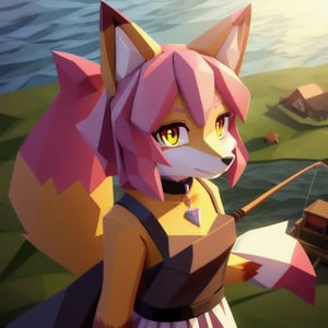 solo, young, kemono fox, yellow body and countershading, anthropomorph, pink hair, pink tail, small breats, yellow eyes, wear medieval dress, is fishing near a lake, have slave collar, have piercings, background, shadow, sunlight, reflected light on the body, backlighting,masterpiece, shaded, high detail, low poly res, low poly style