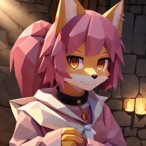 solo, young, kemono fox, yellow body and countershading, anthropomorph, pink hair, pink tail, visible fox paws, small breats, yellow eyes, wear medieval dress cloth, visible fangs, have slave collar, have piercings, looking at the viewer, background, shadow, forge light, reflected light on the body, backlighting,masterpiece, shaded, high detail, low poly res, low poly style