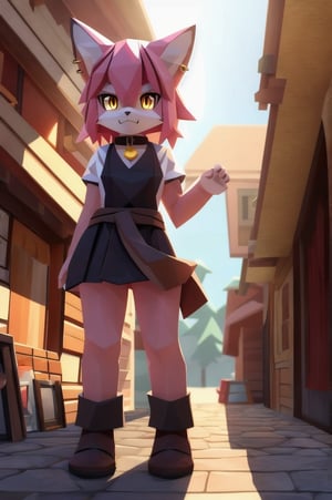 solo, young, kemono fox, yellow body and countershading, anthropomorph, pink hair, pink tail, yellow eyes,small breasts, fully dressed with blacksmith cloth, visible fangs, have slave collar, have piercings, looking at viewer, tend a store, background, shadow, forge light, reflected light on the body, backlighting,masterpiece, shaded, high detail, low poly res, low poly style