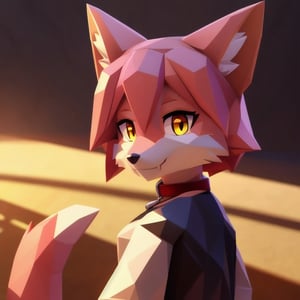 solo, young, kemono fox, yellow body and countershading, anthropomorph, pink hair, pink tail, small breats, yellow eyes, visible fox paws, full body, wear medieval dress, have slave collar, is in love, loving expression, loving pose, visible fangs, have piercings, background, shadow, sunlight, reflected light on the body, looking at the viewer, backlighting,masterpiece, shaded, high detail, low poly res, low poly style