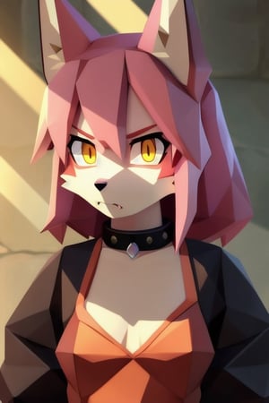 solo, young, kemono fox, yellow body and countershading, anthropomorph, pink hair, pink tail, small breats, yellow eyes, wear medieval dress, have slave collar, is angry, angry expression, visible fangs, have piercings, background, shadow, sunlight, reflected light on the body, looking at the viewer, backlighting,masterpiece, shaded, high detail, low poly res, low poly style