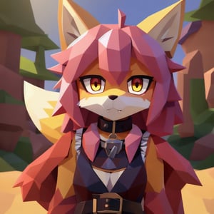 solo, young, kemono fox, yellow body and countershading, anthropomorph, pink hair, pink tail, visible fox paws, small breats, yellow eyes, wear viking dress cloth, visible fangs, have slave collar, have piercings, looking at the viewer, background, shadow, forge light, reflected light on the body, backlighting,masterpiece, shaded, high detail, low poly res, low poly style