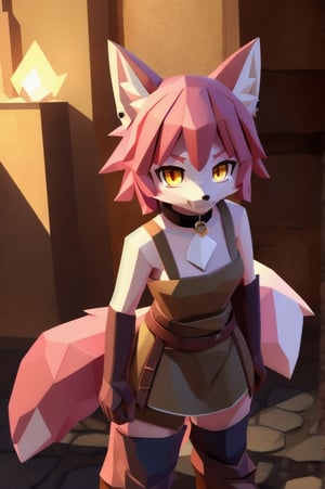 solo, young, kemono fox, yellow body and countershading, anthropomorph, pink hair, pink tail, yellow eyes,small breasts, fully dressed with blacksmith cloth, visible fangs, have slave collar, have boots, have piercings, looking at viewer, background, shadow, forge light, reflected light on the body, backlighting,masterpiece, shaded, high detail, low poly res, low poly style