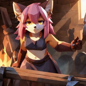 solo, young, kemono fox, yellow body and countershading, anthropomorph, pink hair, yellow eyes,small breasts, dressed with blacksmith clothes, have piercings, looking at viewer,detailed blacksmith background, shadow, forge light, reflected light on the body, backlighting,masterpiece, shaded, high detail, low poly res