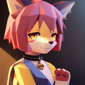 solo, young, kemono fox, yellow body and countershading, anthropomorph, pink hair, pink tail, small breats, yellow eyes, visible fox paws, full body, wear medieval dress, have slave collar, is in love, loving expression, loving pose, visible fangs, have piercings, background, shadow, sunlight, reflected light on the body, looking at the viewer, backlighting,masterpiece, shaded, high detail, low poly res, low poly style