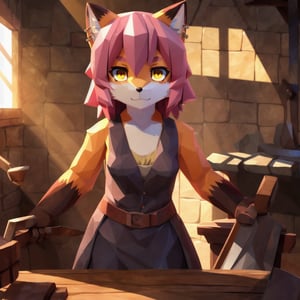 solo, young, kemono fox, yellow body and countershading, anthropomorph, pink hair, yellow eyes,small breasts, dressed with blacksmith clothes, have piercings, looking at viewer,detailed blacksmith background, shadow, forge light, reflected light on the body, backlighting,masterpiece, shaded, high detail, low poly res