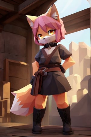 solo, young, kemono fox, yellow body and countershading, anthropomorph, pink hair, yellow eyes,small breasts, dressed with blacksmith cloth, visible fangs, have slave collar and handcuffs, have boots, have piercings, looking at viewer, no background, shadow, forge light, reflected light on the body, backlighting,masterpiece, shaded, high detail, low poly res, low poly style