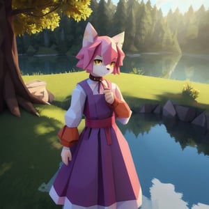 solo, young, kemono fox, yellow body and countershading, anthropomorph, pink hair, pink tail, small breats, yellow eyes, wear medieval dress, is fishing near a lake, have slave collar, have piercings, background, shadow, sunlight, reflected light on the body, backlighting,masterpiece, shaded, high detail, low poly res, low poly style