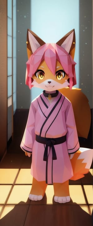 solo, young, kemono fox, yellow body and countershading, anthropomorph, pink hair, pink tail, visible fox paws, small breats, yellow eyes, have japanese yukata, visible fangs, have slave collar, have piercings, looking at the viewer, background, shadow, forge light, reflected light on the body, backlighting,masterpiece, shaded, high detail, low poly res, low poly style