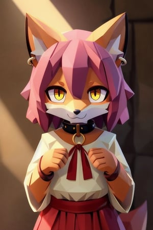 solo, young, kemono fox, yellow body and countershading, anthropomorph, pink hair, pink tail, visible fox paws, small breats, yellow eyes, wear medieval dress cloth, visible fangs, have slave collar, have piercings, looking at the viewer, background, shadow, forge light, reflected light on the body, backlighting,masterpiece, shaded, high detail, low poly res, low poly style